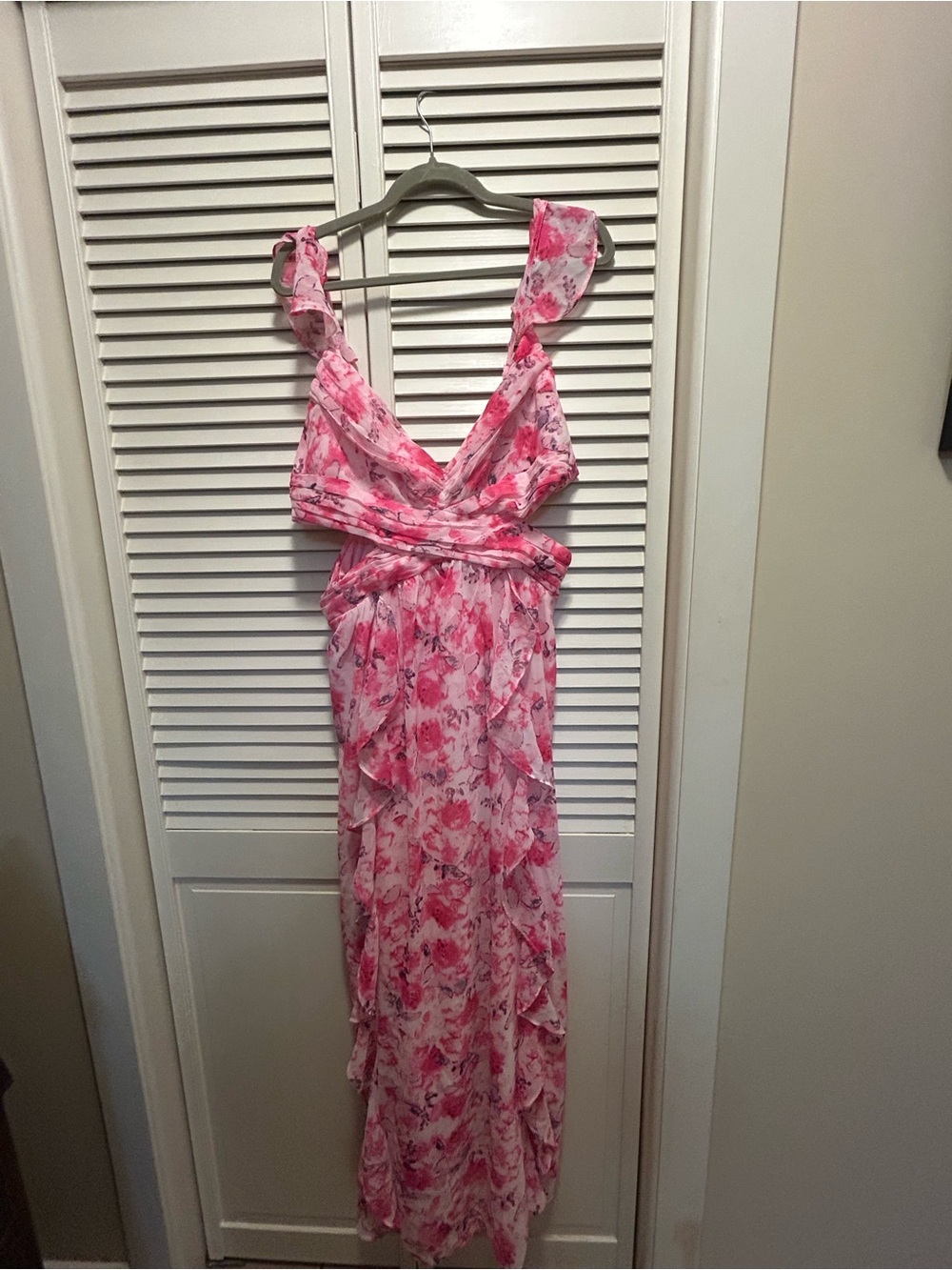 Fashion Nova Pink Floral Ruffle Maxi Dress